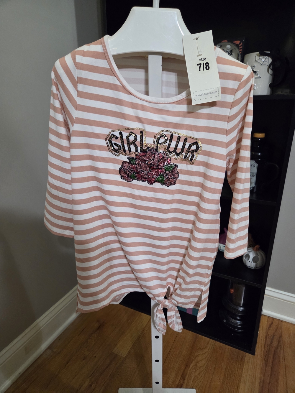 btween Pink and White Striped Long-Sleeve 'GIRL PWR' Tie-Hem Tee